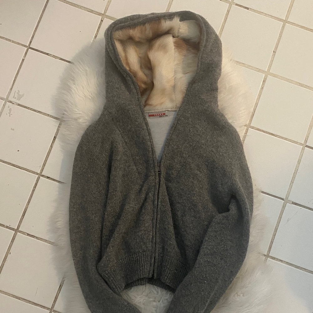 Prada Gray Sweater with Faux Fur Hood